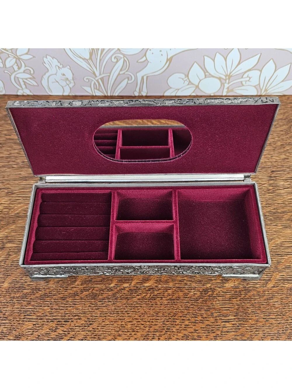 Vintage International Silver Co Silverplate Jewelry Box Mirror Velvet 9